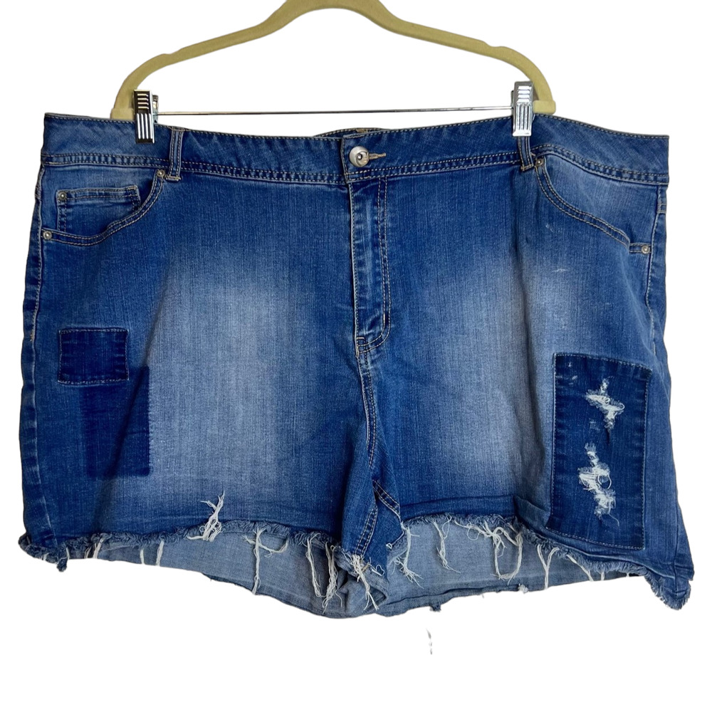 Cato Womens Denim Cutoff Shorts Size 26W Blue Patched Distressed
